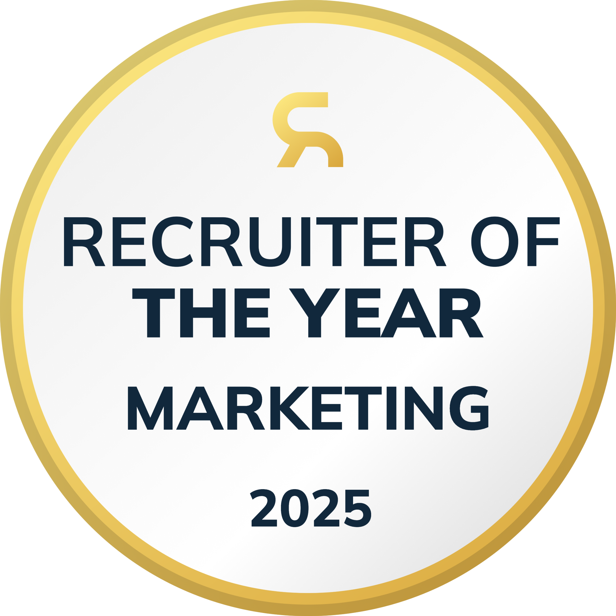 Badge with gold border reading Recruiter of the Year Marketing 2025.